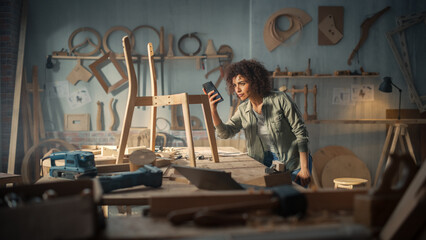 Product Designer Taking a Smartphone Photo of a Wooden Chair Project. Black Creative Female Sending...