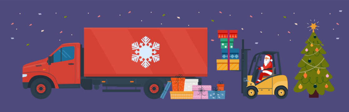 Santa Claus loading Christmas presents into the box truck using a forklift. Vector illustration.