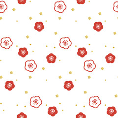 紅梅と金の紙吹雪のおめでたいシームレスパターン背景