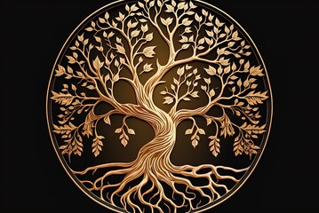 A circle shaped root or tree, tree of life symbol. exquisite gold colored depiction of a single root. Generative AI