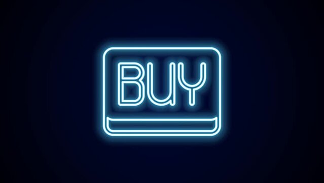 Glowing neon line Buy button icon isolated on black background. Financial and stock investment market concept. 4K Video motion graphic animation
