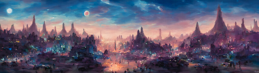 Obraz premium Panoramic view of the sci-fi landscape, Mountain landscape. Watercolor. Generative AI