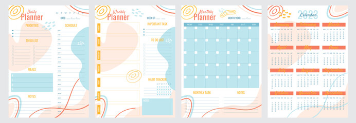 Vertical A4 format daily, weekly, monthly plan and calendar 2023 year. Personal planners page templates with abstract elements design. Vector journal for daily routine