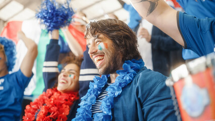 Sport Stadium Soccer Match: Portrait of Excited Hispanic Couple with Italian Flag Painted Faces...