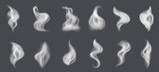 Smoke vector collection, isolated, transparent background. White dust, smoke or fog clouds isolated on transparent background. Realistic wind blow swirls, smoke air or hot steam.