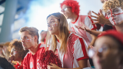 Sport Stadium Sport Event: Beautiful Cheering Girl. Crowd of Fans with Painted Faces Cheer, Shout...