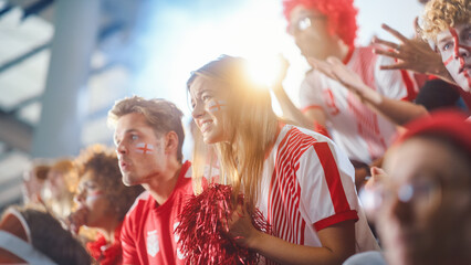 Sport Stadium Sport Event: Beautiful Cheering Girl. Crowd of Fans with Painted Faces Cheer, Shout...