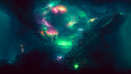 Fototapeta premium An astronaut who travels through space is positioned on a planet that is falling apart, on the edge of a black hole on a foreign planet.Generative AI