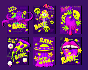 Psychedelic rave trip party banner template set. Rave music with neon funny fly agaric mushrooms bright psychedelics. Print for clothing