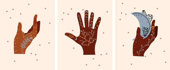 Boho style posters with mystical hands holding the moon. The magical symbol of the moon. Celestial posters are ideal for banners, posters, postcards. Vector illustration