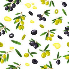Vector seamless pattern with olives and olive oil. A design element for textiles. The concept of food and cooking