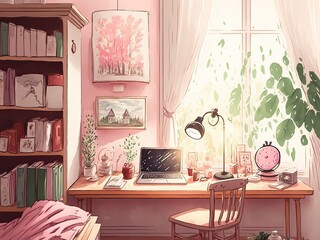 ピンク色のかわいい勉強部屋