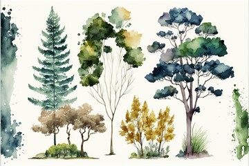 watercolor trees and bushes isolated on white,AI generated
