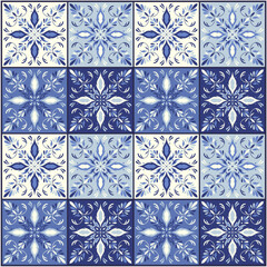 Seamless blue tile with Islam, Arabic, Indian, ottoman motifs. Majolica pottery tile. Portuguese and Spain azulejo. Ceramic tile in talavera style. Vector illustration.