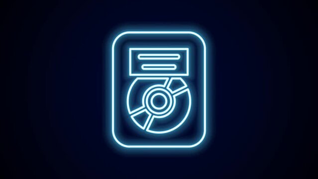 Glowing neon line CD disk award in frame icon isolated on black background. Modern ceremony. Best seller. Musical trophy. 4K Video motion graphic animation