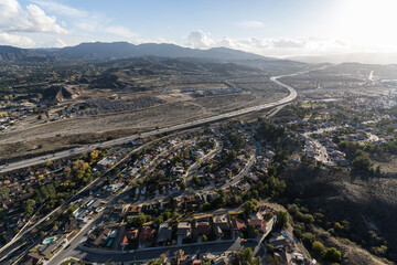 Aerial view of the Santa Clarita Valley and the 14 freeway in Los Angeles County, California.