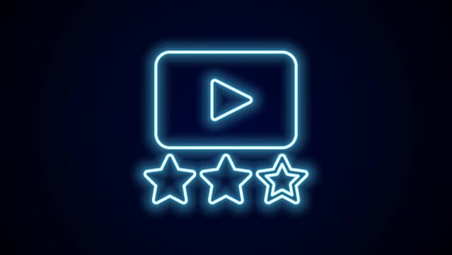 Glowing neon line Film or movie cinematography rating or review icon isolated on black background. 4K Video motion graphic animation