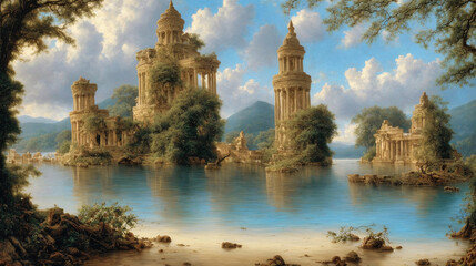 digital illustration of ancient Atlantis city ruins with columns and pilars mirroring in lake water surface, cloudy blue sky,trees and plants, generative AI
