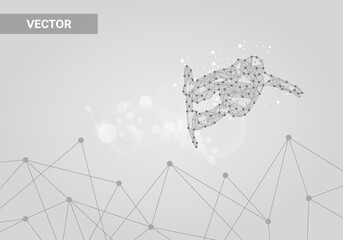 Silhouette of a snowboarder jumping on gray background, connecting dots and lines. Light connection structure. Low poly vector background.