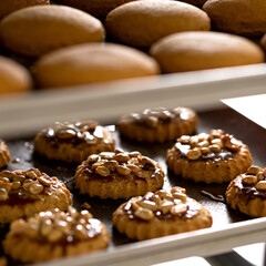 Baking holiday cookies. Biscuit with caramel and nuts on baking sheet. Dessert for home celebration. Decorated christmas pastries. Soft focus. Close-up.