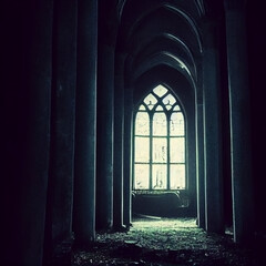 interior of abandoned and spooky church with window. generative ai