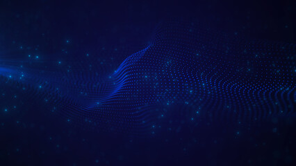 Abstract blue wave of dots and flying particles. Information cyberspace. Illustration of a network connection. The concept of big data. 3d rendering.