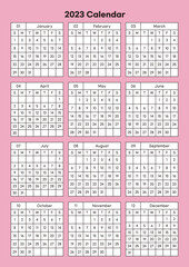 This is a simple, minimalist style annual planner with a year 12 month calendar for 2023. Note, scheduler, diary, calendar planner document template illustration.
