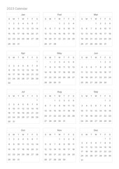 This is a simple, minimalist style annual planner with a year 12 month calendar for 2023. Note, scheduler, diary, calendar planner document template illustration.