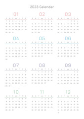 This is a simple, minimalist style annual planner with a year 12 month calendar for 2023. Note, scheduler, diary, calendar planner document template illustration.