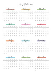 This is a simple, minimalist style annual planner with a year 12 month calendar for 2023. Note, scheduler, diary, calendar planner document template illustration.