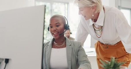 Call center, training and black woman with manager coaching staff at customer service agency. Diversity, teamwork and crm, telemarketing sales senior woman consulting agent at desk to help support.