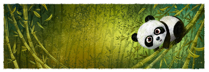 Illustration of panda bear hanging on some bamboo branches © cirodelia