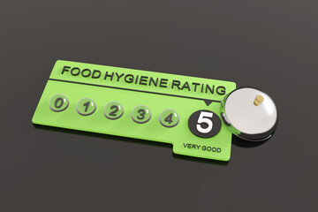 Green label showing a food hygiene rating of 5 with a stainless steel cloche dome. Illustration of the concept of high level of cleanliness and good knowledge of food preparation of restaurants