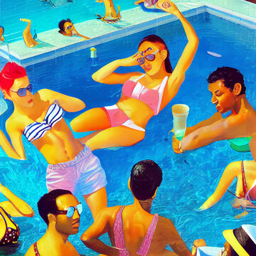 summer pool party, surreal art