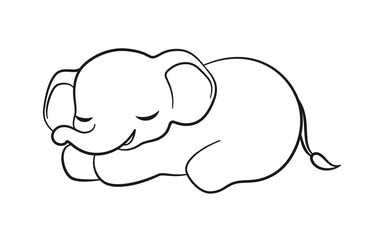 Cute sleeping baby elephant cartoon outline illustration. Easy animal coloring book page activity for kids