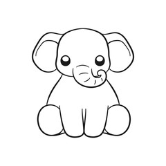 Cute sitting baby elephant cartoon front view outline illustration. Easy animal coloring book page activity for kids