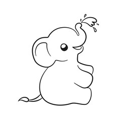 Cute baby elephant spraying water with trunk cartoon outline illustration. Easy animal coloring book page activity for kids