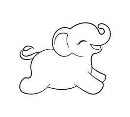 Cute running happy baby elephant cartoon outline illustration. Easy animal coloring book page activity for kids