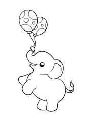 Cute baby elephant holding balloons with trunk cartoon outline illustration. Easy animal coloring book page activity for kids