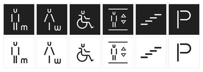 male and female toilet symbols. disabled icon. gender icon. restroom pictogram. Elevator and Escalator public signage. WC signage	
