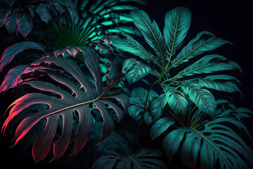 tropical leaf forest glow in the dark background. High contrast.
