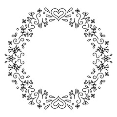 Romantic ornament black doodle frame. Valentine's day, wedding, mother's day greeting card.