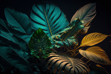 Fototapeta na wymiar tropical leaf forest glow in the dark background. High contrast.