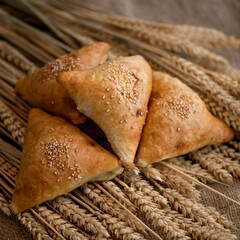 Few triangular pies with sesame seeds on wheat spikelets. Sackcloth background. 