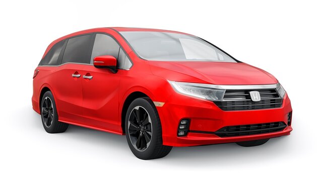 Dallas, USA. December 14, 2022. Honda Odyssey Elite 2022 Red on a white background. Spacious family multifunctional family minivan. 3d rendering.