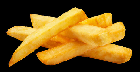 Delicious potato fries, isolated on black background