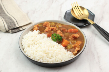 Japanese Curry with Crispy Chicken Popcorn, Potato, and Carrot