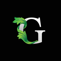 Initial letter G, 3D luxury green leaf overlapping white serif font on black background