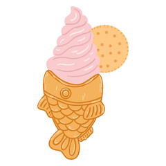 Taiyaki fish-shaped ice cream cone in cartoon flat style. Hand drawn vector illustration of traditional Japanese food, sweet, dessert
