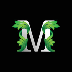 Initial letter M, 3D luxury green leaf overlapping white serif font on black background
